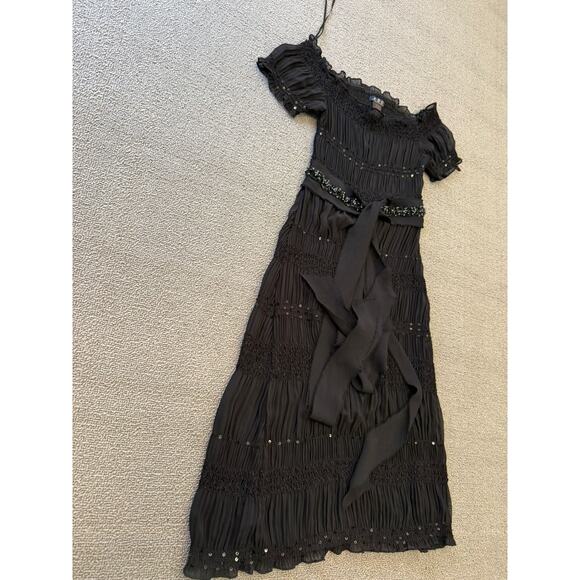 ABS Allen Schwartz Women XXS Sheer Black Sequin Beaded Tiered Ribbon Tie Dress - Picture 13 of 14